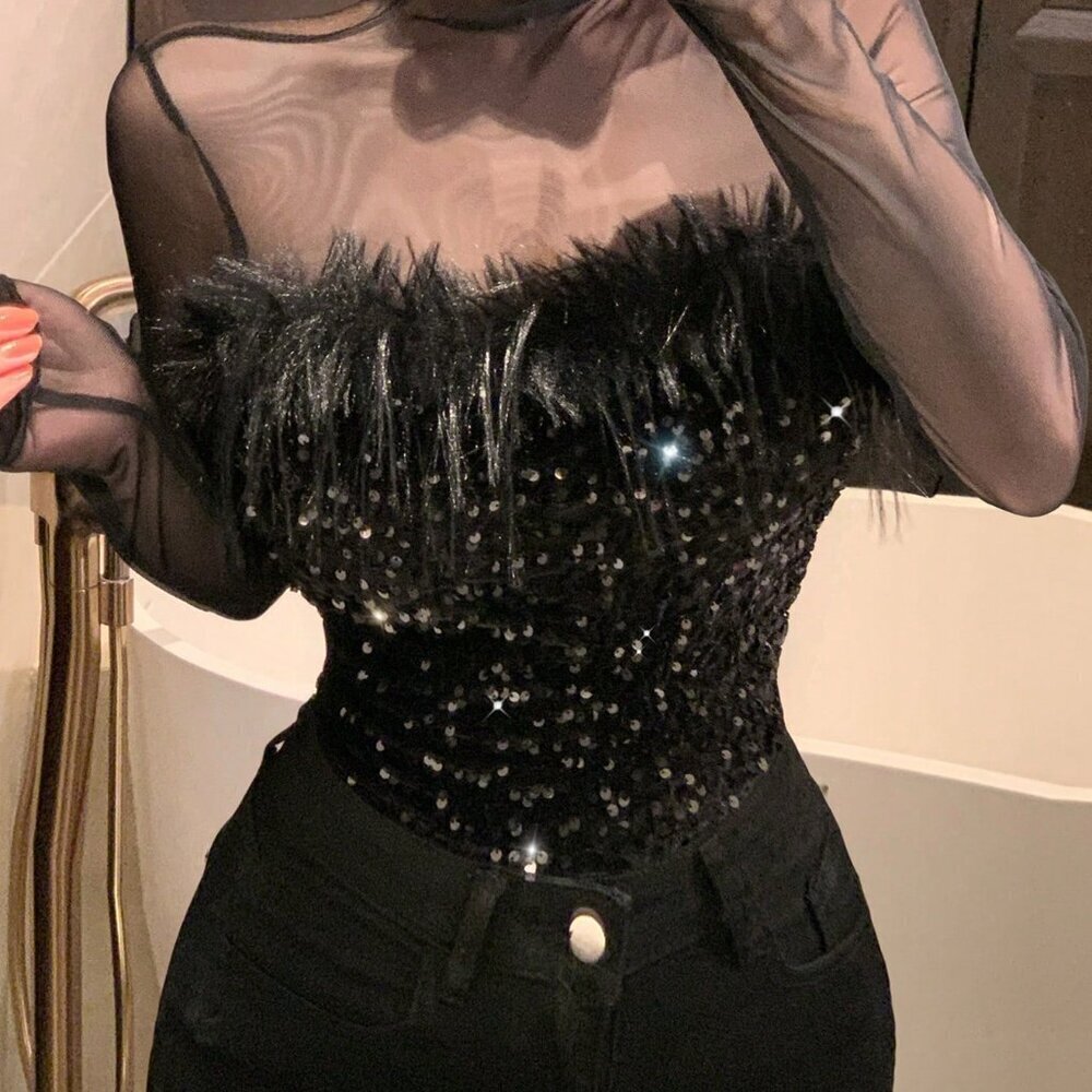 Black Party Women's Prom Dress Long Sleeve Textured Top with Sequin Glitter
